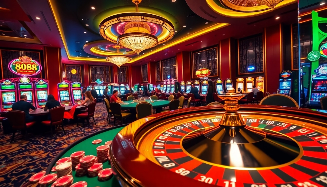 Experience the thrill of winning at nh88 in a luxurious casino with vibrant gaming tables.