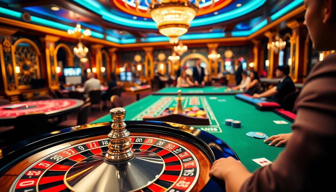 The lively casino scene at https://fun793.org/ showcasing a roulette wheel and eager players engaged in high-stakes action.
