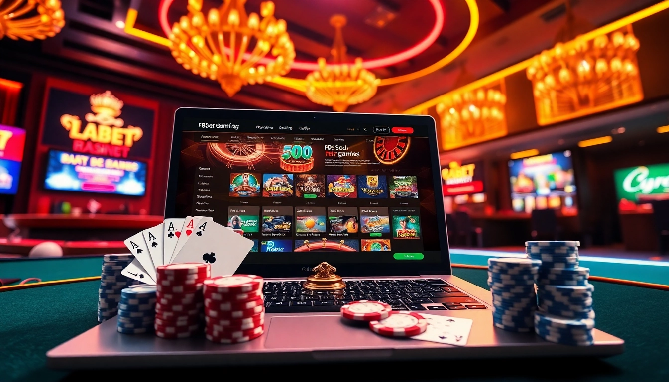Excited gamblers playing F8bet games on a vibrant casino interface with cards and chips.