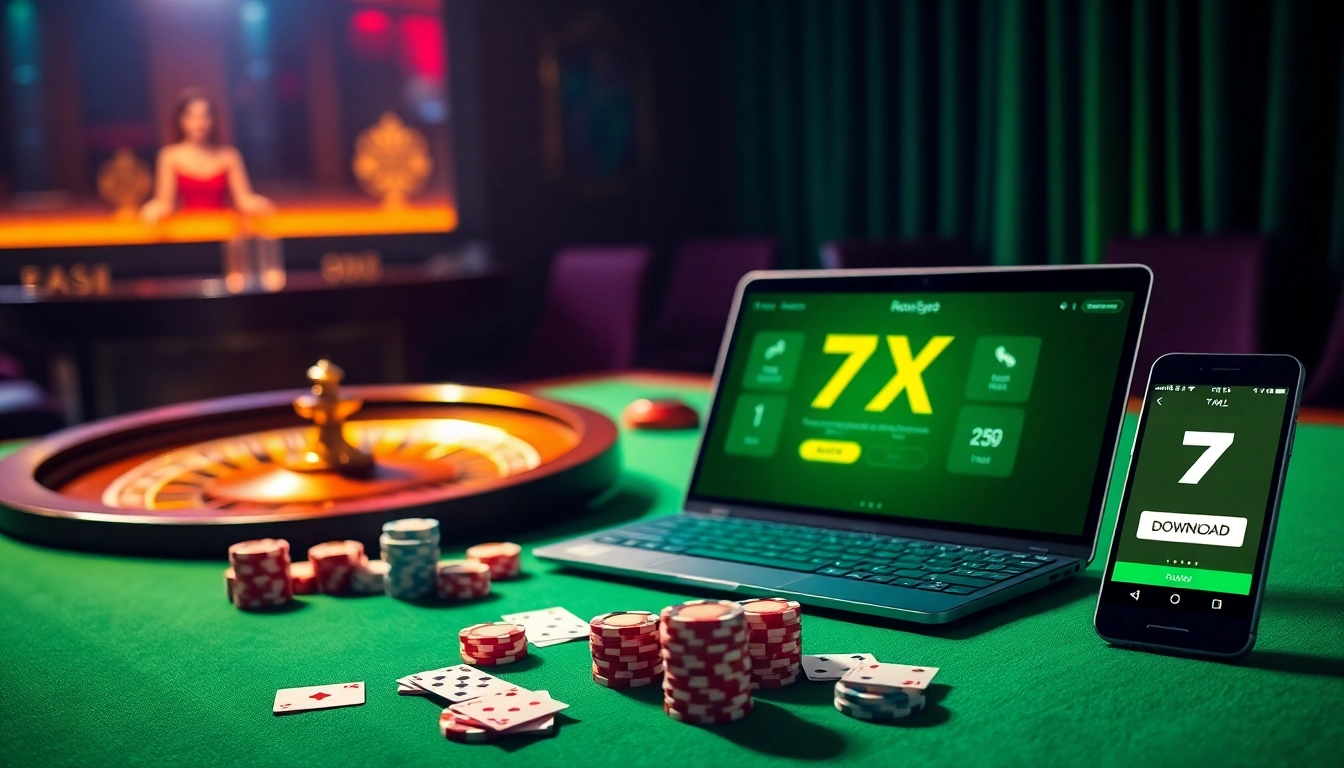 Experience the thrill of poker with 7XL download showcasing casino elements and gaming excitement.