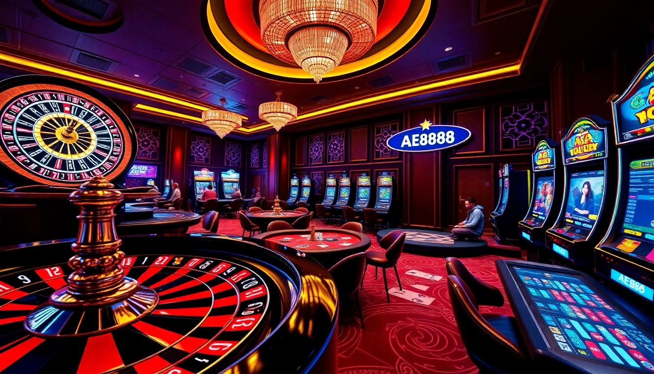 A thrilling AE888 online casino scene featuring roulette, poker, and vibrant slot machines.