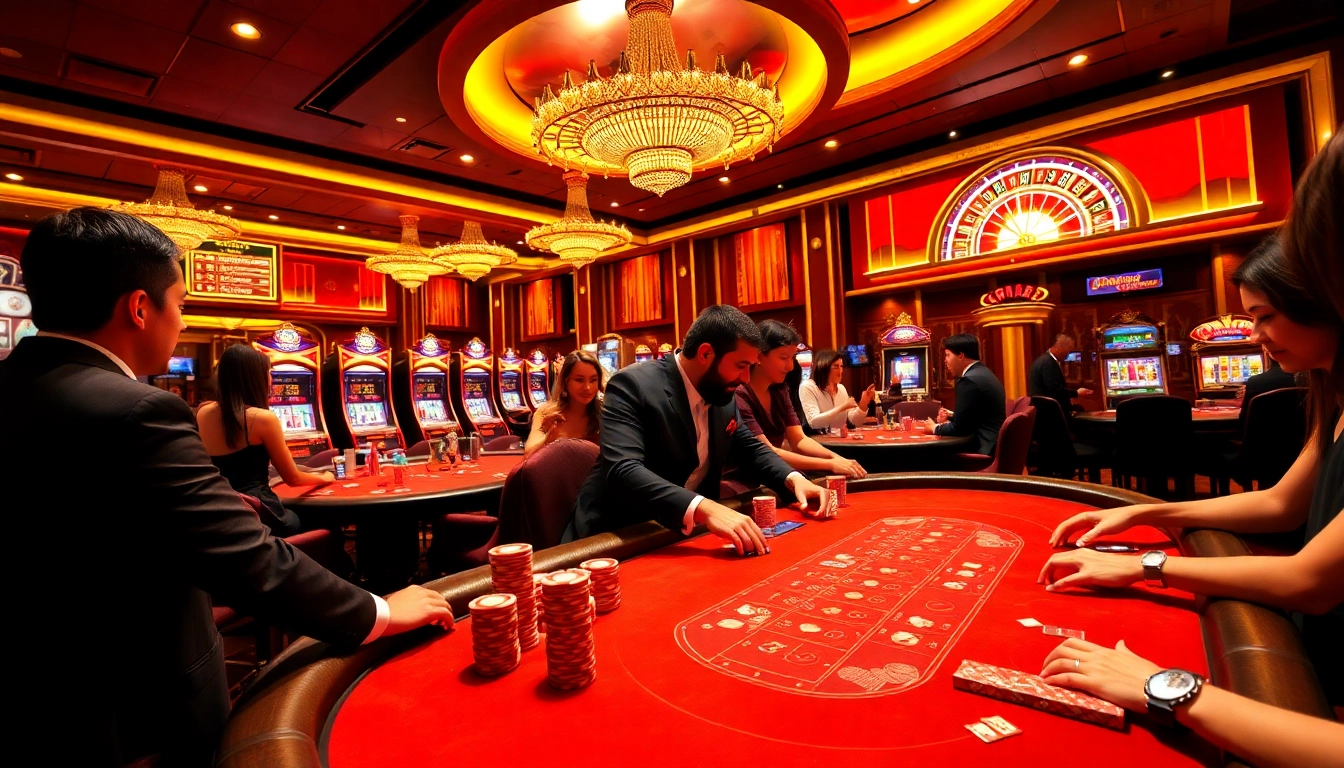 Bong88 players engaging in thrilling poker and slot games at a luxurious casino.