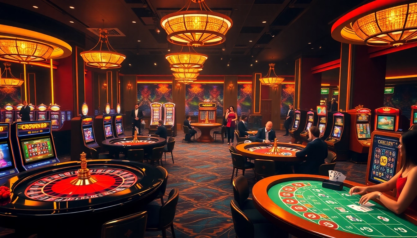 Crown88 players enjoying an online casino experience with vibrant slot machines and exciting games.