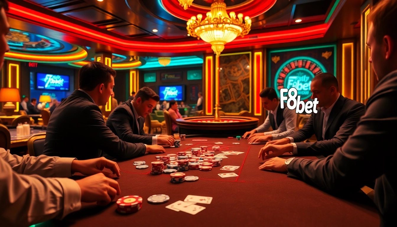 F8bet poker table scene with players strategizing and vibrant casino elements.