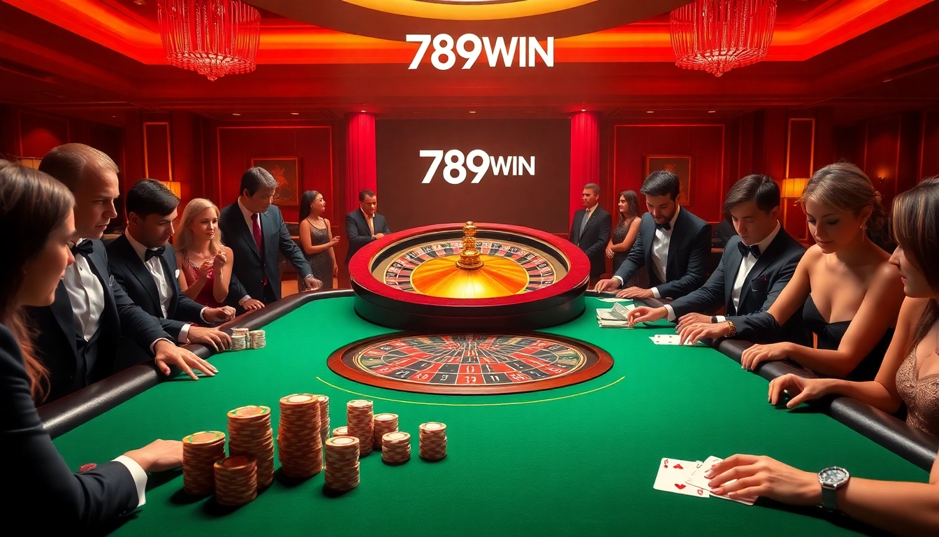 Exciting casino scene with a roulette wheel and poker players showcasing 789WIN’s vibrant gaming atmosphere.
