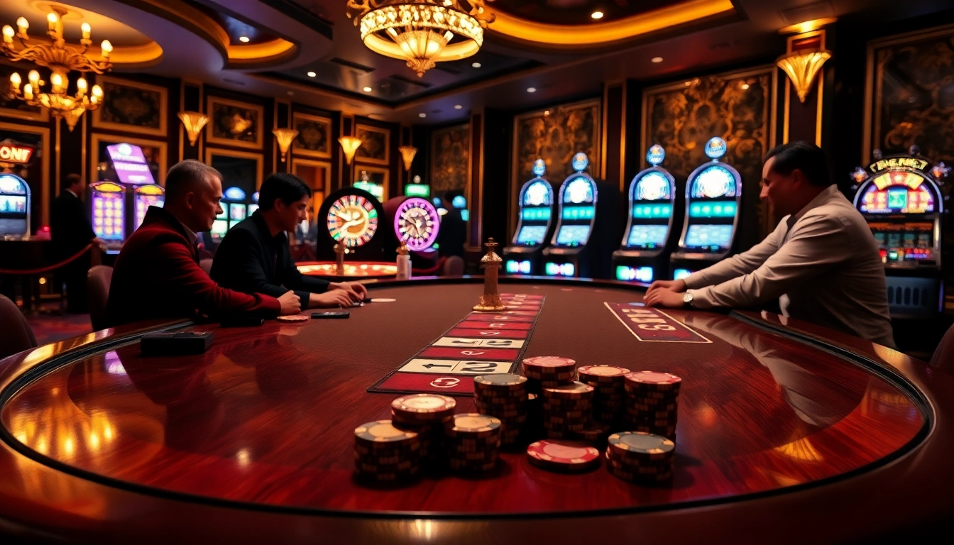 Exciting casino scene featuring poker players and roulette wheel, highlighting migration agent in brisbane.