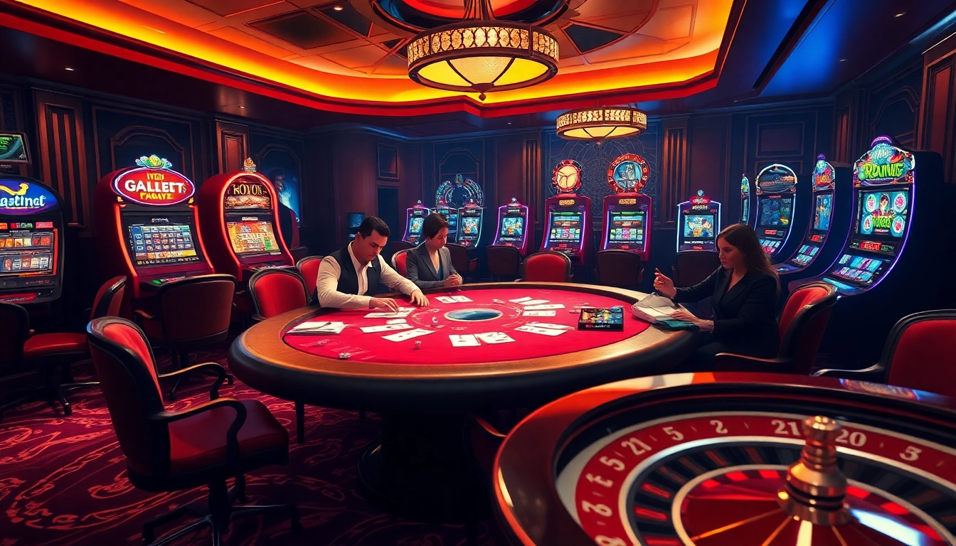 Players enjoying an exciting poker game at a high-end 'rikvip' casino, showcasing vibrant chips and betting slips.