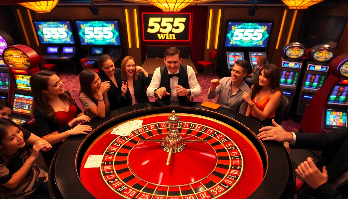 Experience excitement with a vibrant casino scene showcasing 555 win tables and players winning.