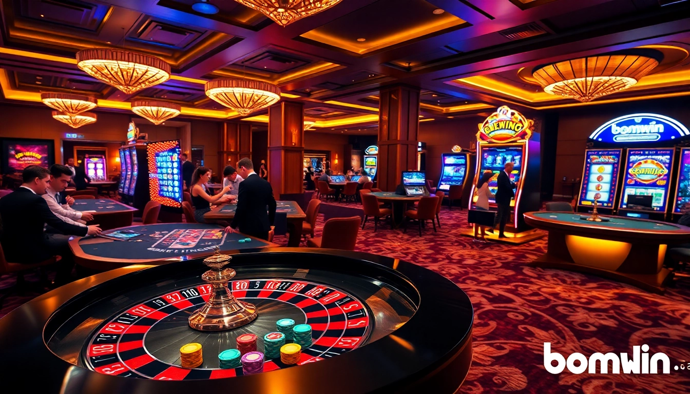 Play thrilling games at bomwin, showcasing excitement with poker chips and roulette tables.