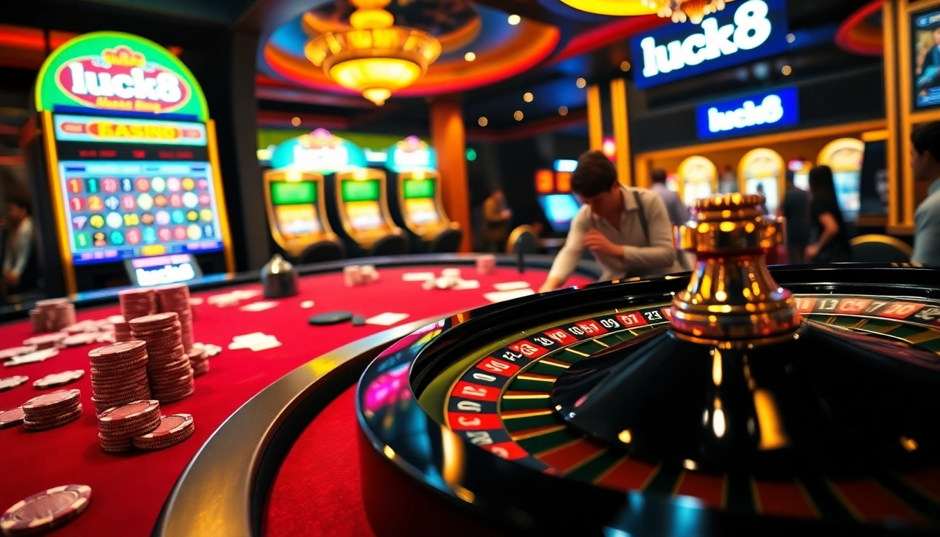 Engaging scene of luck8-themed casino action with vibrant gaming tables and excited players.