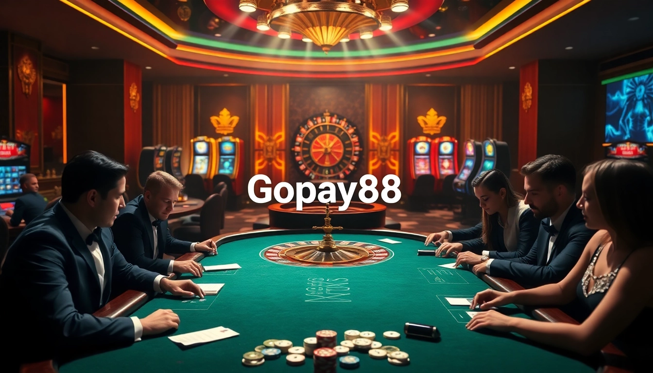 Gopay88 online gaming interface showcasing an exciting casino scene with players at a poker table.