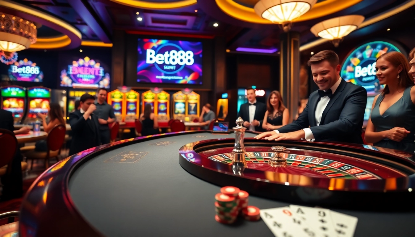 Players engaging with Betwin88 at a vibrant casino table surrounded by exciting slot machines.