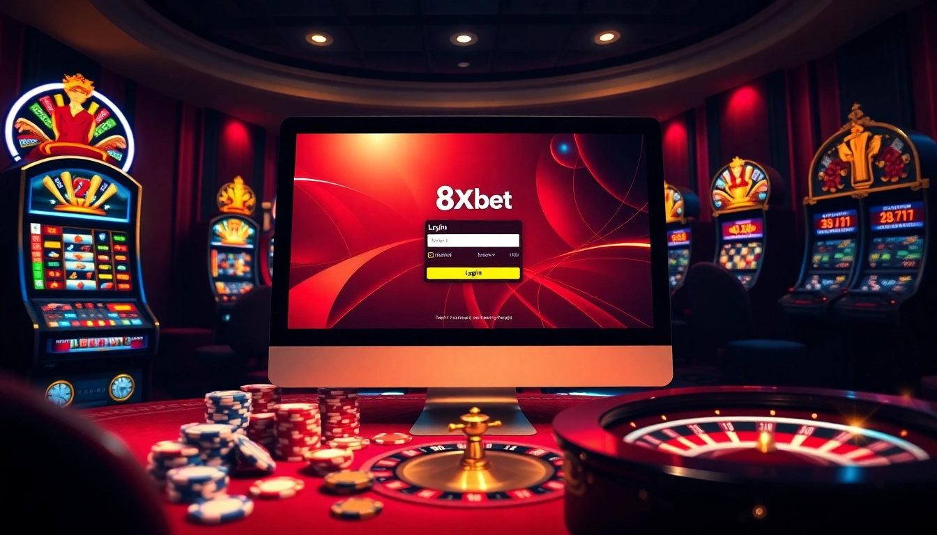 Experience the thrill of đăng nhập 8xbet in a vibrant online gambling scene with poker chips and roulette wheels.