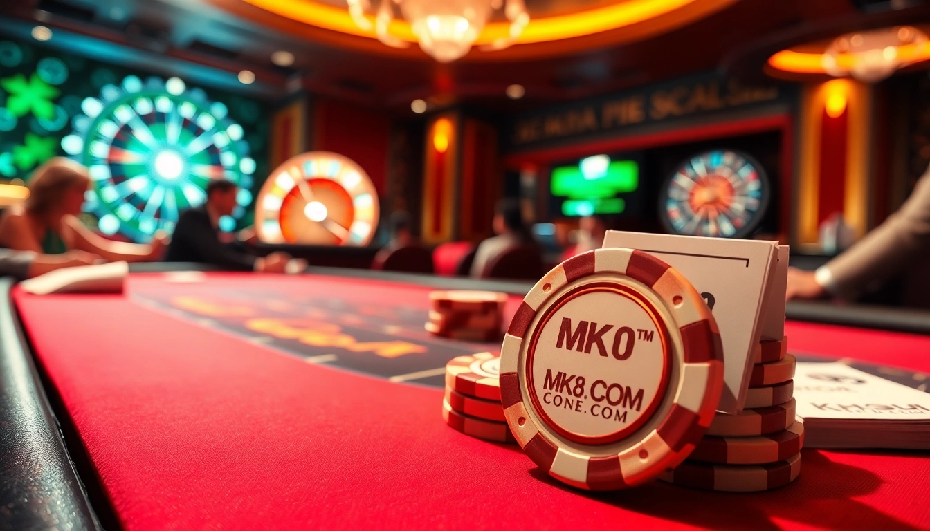 Experience high-stakes excitement with MK8.COM poker chips at a luxurious casino table.