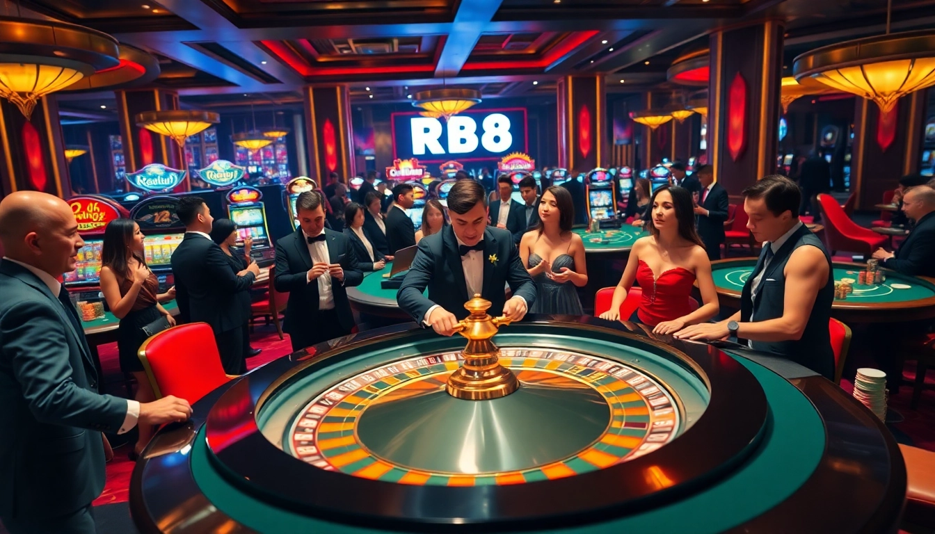 Experience the excitement of RR88 with a vibrant casino scene featuring a roulette table and high-stakes gamblers.