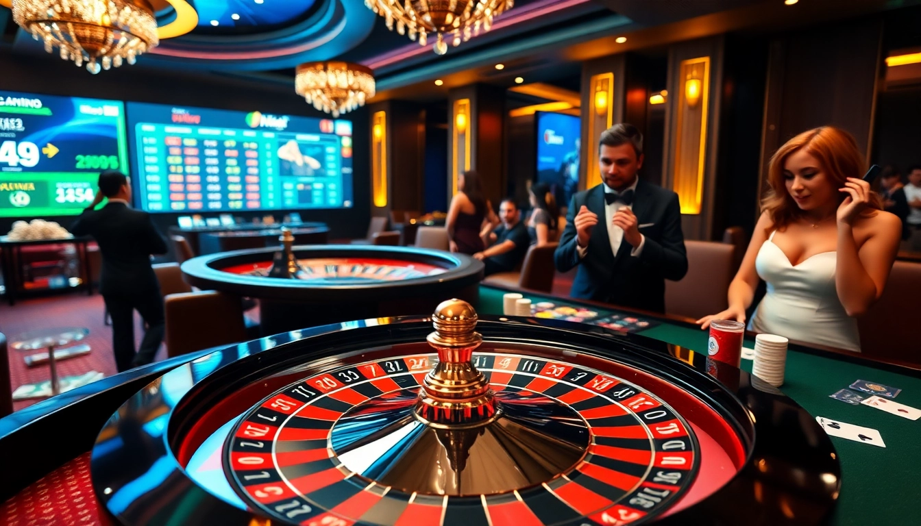 Engage in thrilling bk8 สล็อต games at a luxurious casino setup with vibrant lighting and players enjoying their bets.