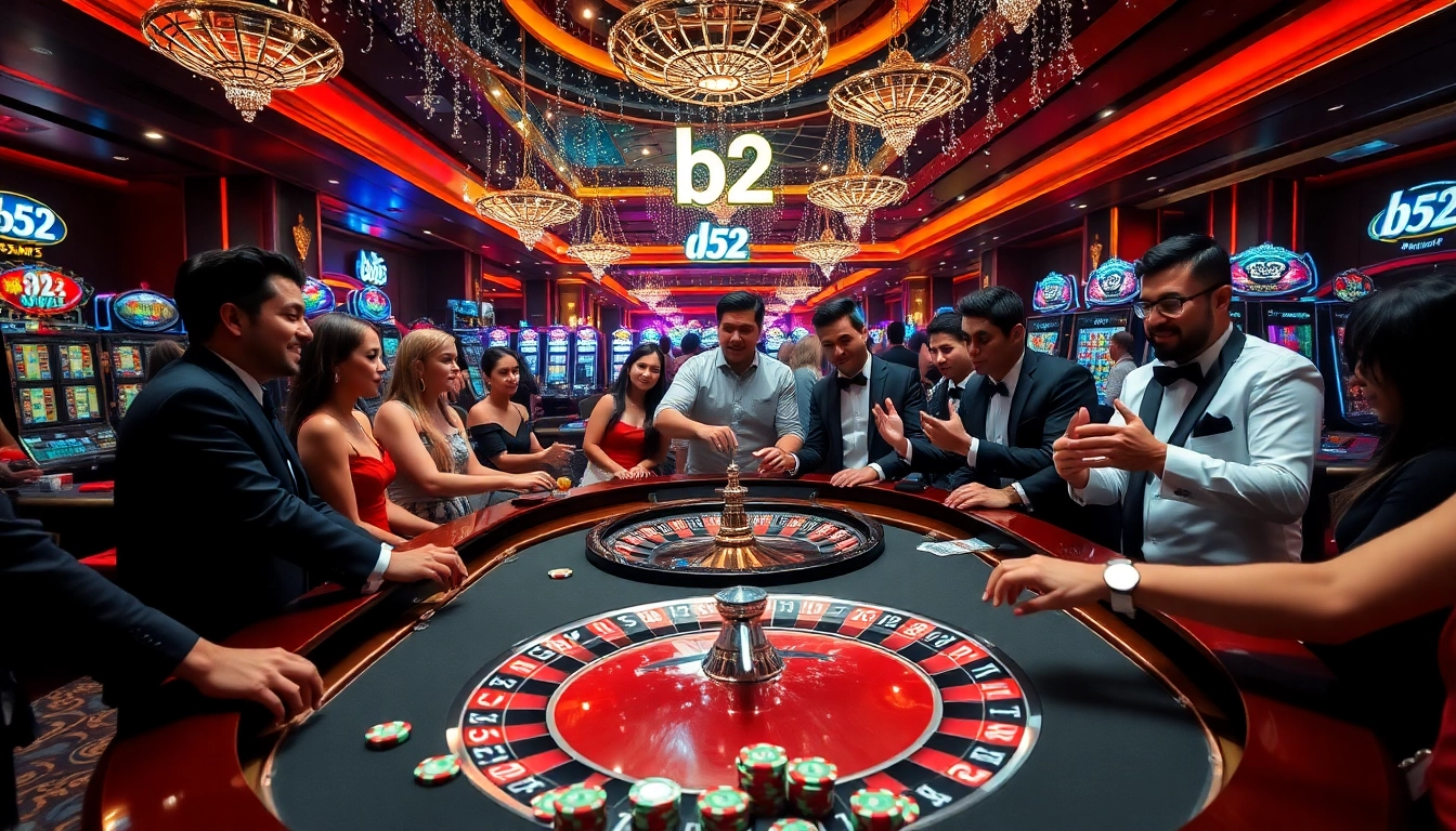 Exciting casino scene at https://b52.za.com/ featuring a roulette table and eager players.