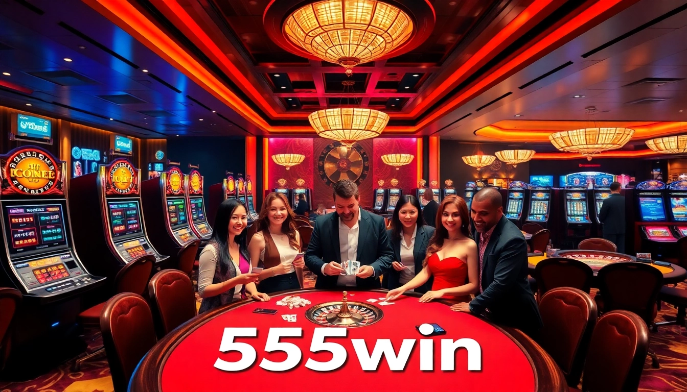 Gamblers enjoying an exciting moment at a luxurious 555win casino, showcasing vibrant slot machines and roulette wheels.