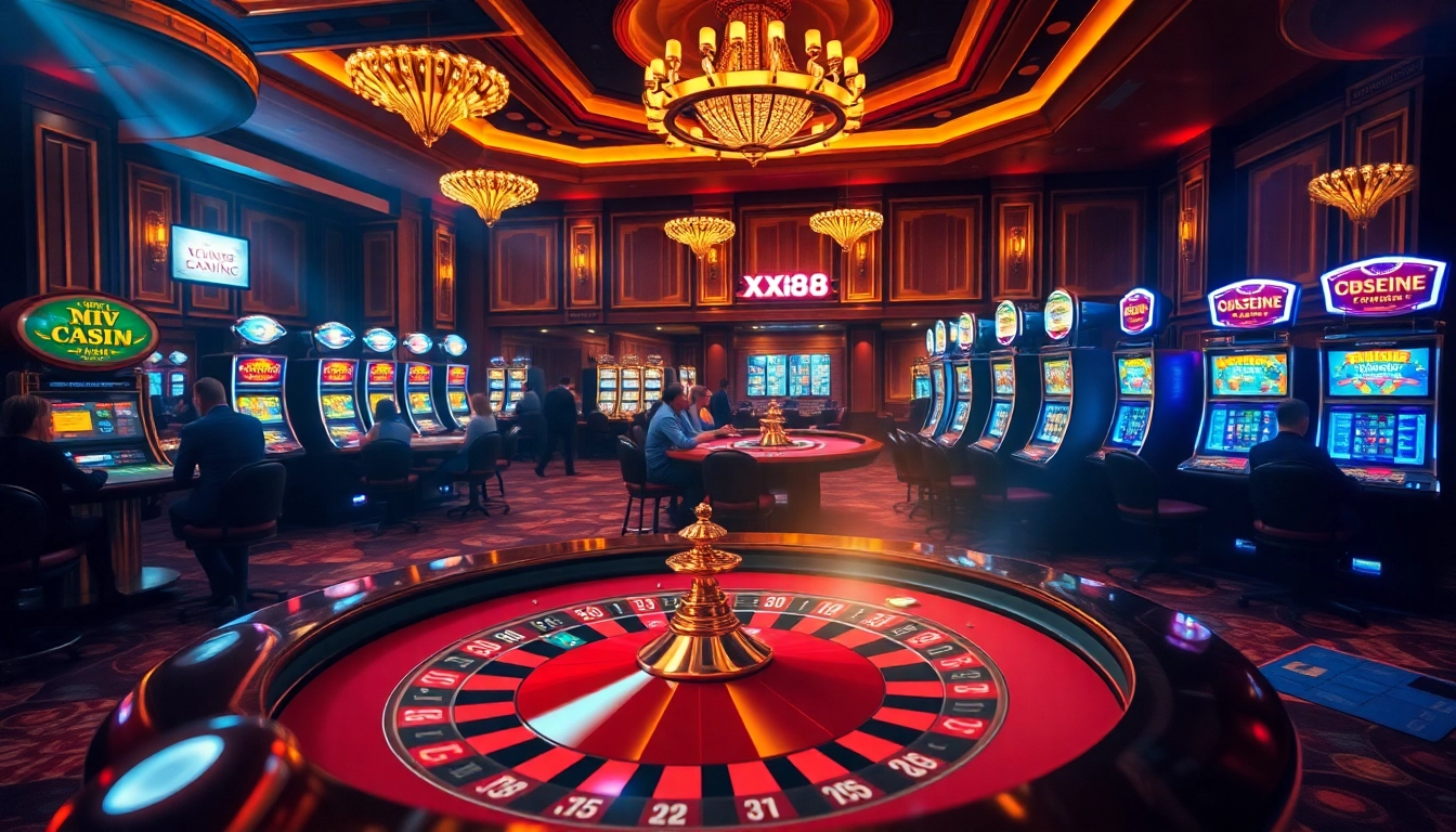 Experience the excitement of XX88 with vibrant casino visuals showcasing roulette tables and slot machines.
