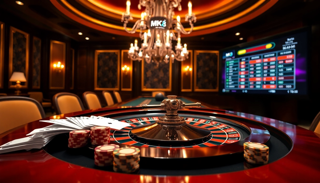 Players engaging in thrilling MK8 casino games with vibrant roulette and poker elements.