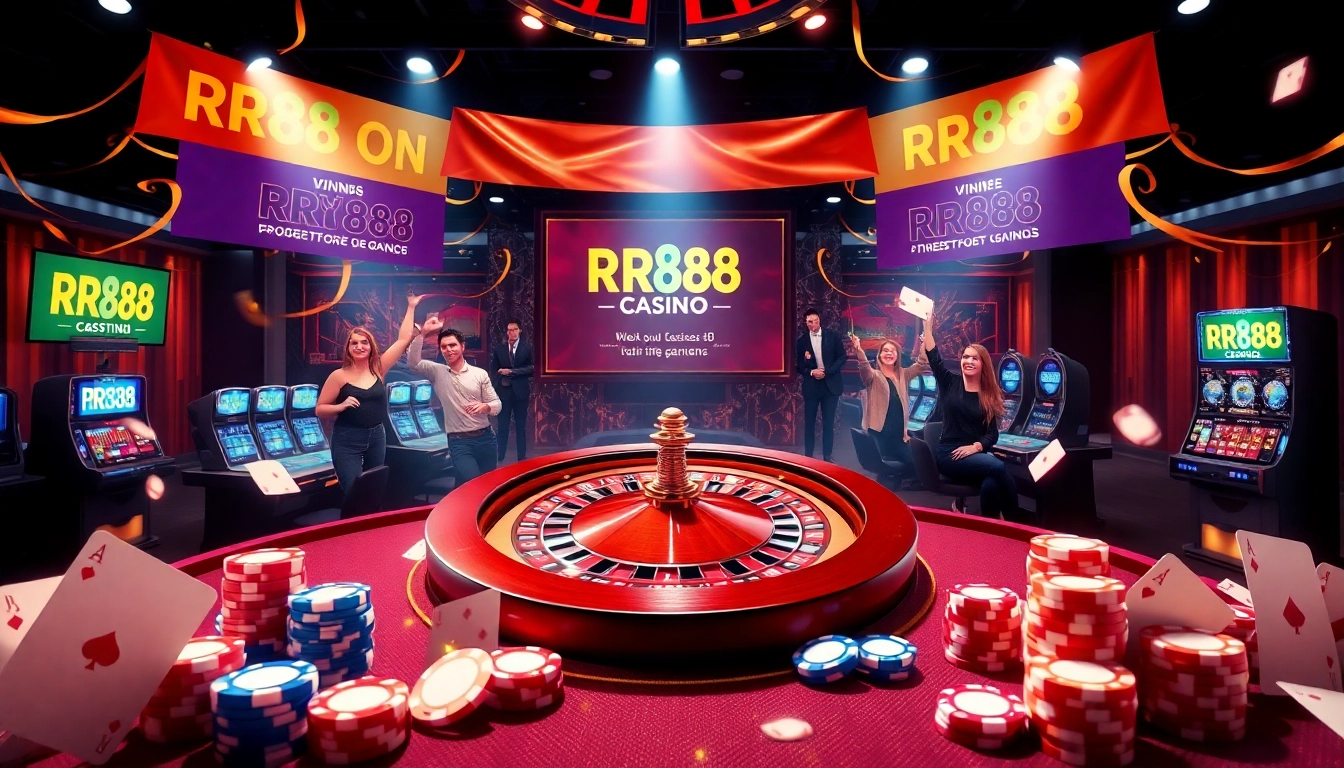 Experience the excitement of RR88 with this vibrant online casino scene highlighting roulette and poker.