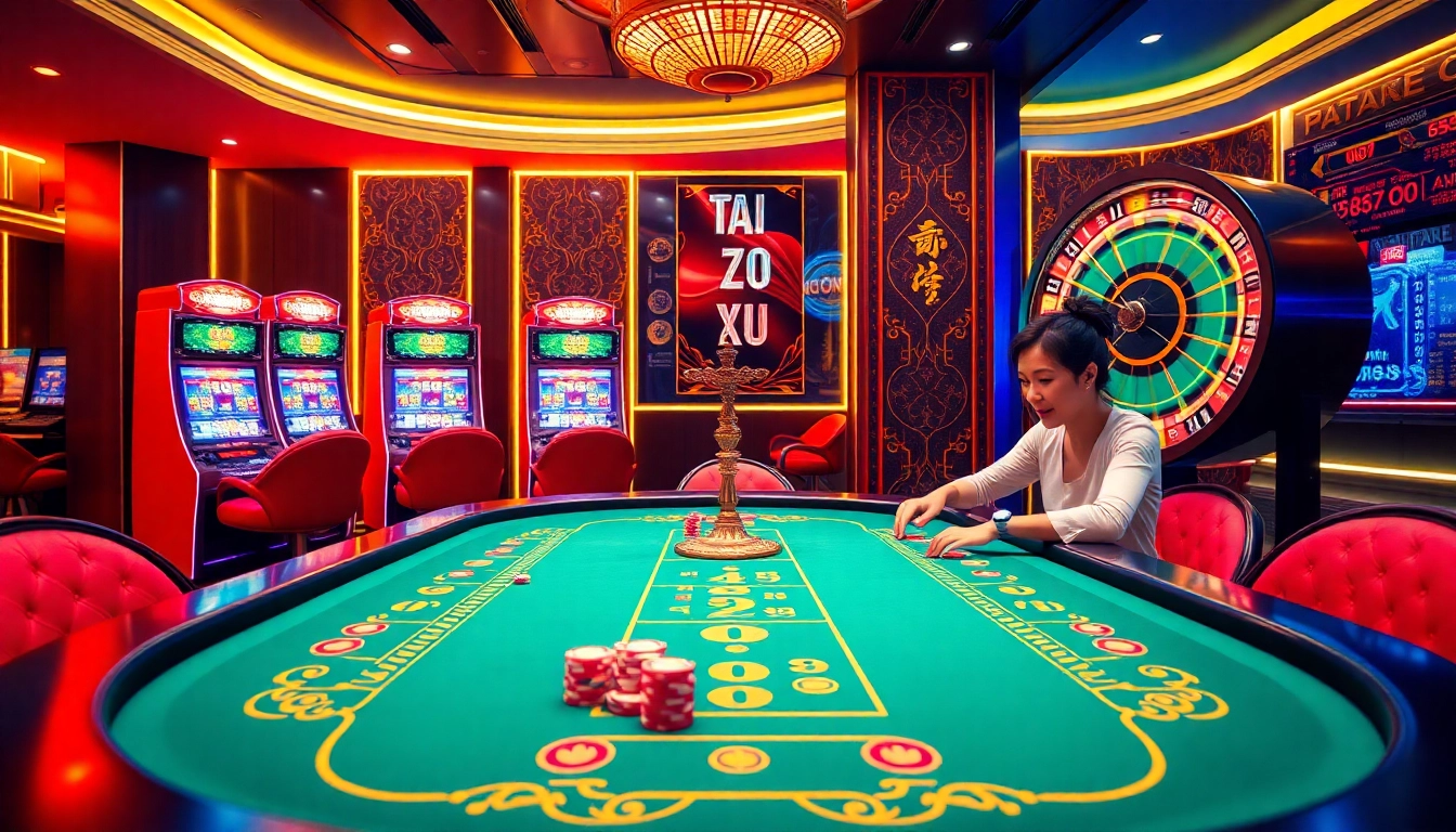 Engaging in tài xỉu go88 with vibrant casino elements and thrilling atmosphere.
