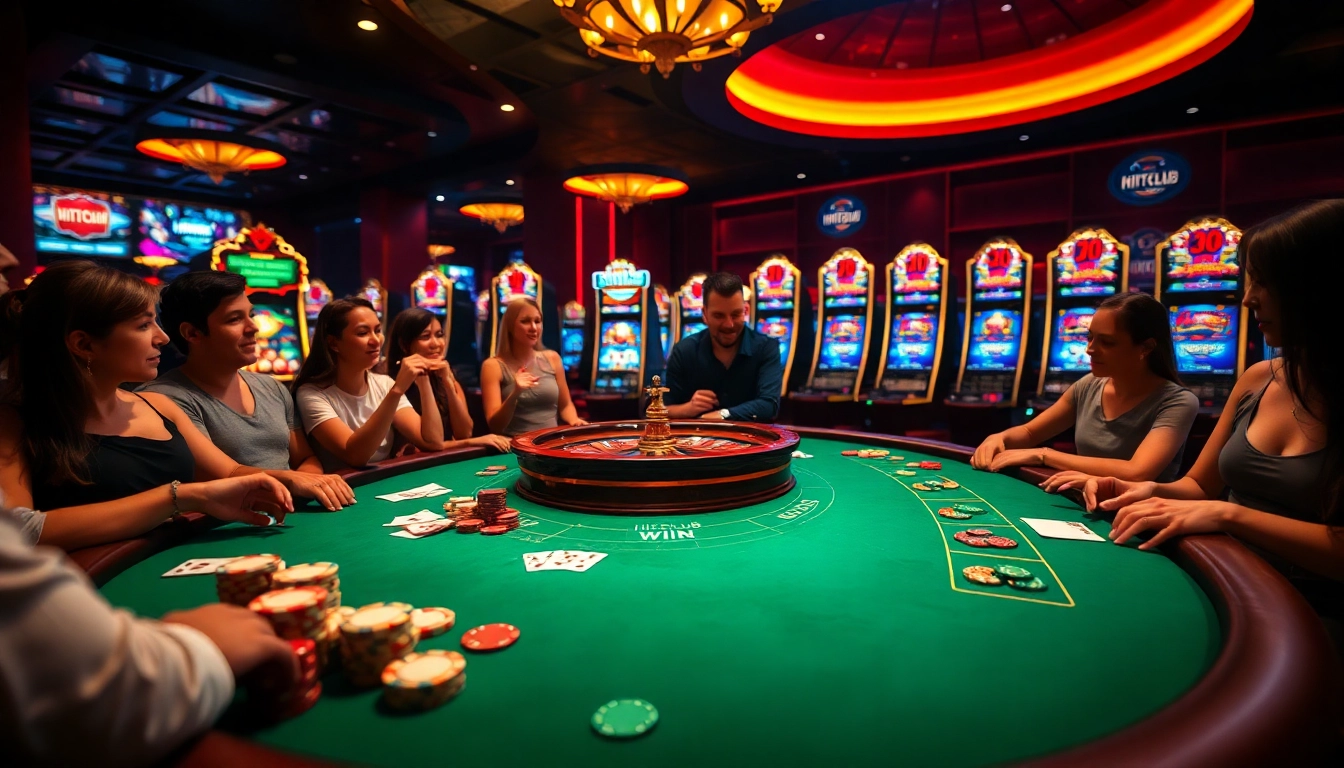 Experience the thrill of hitclub win at a luxurious poker table featuring excited players and high-stakes gaming.