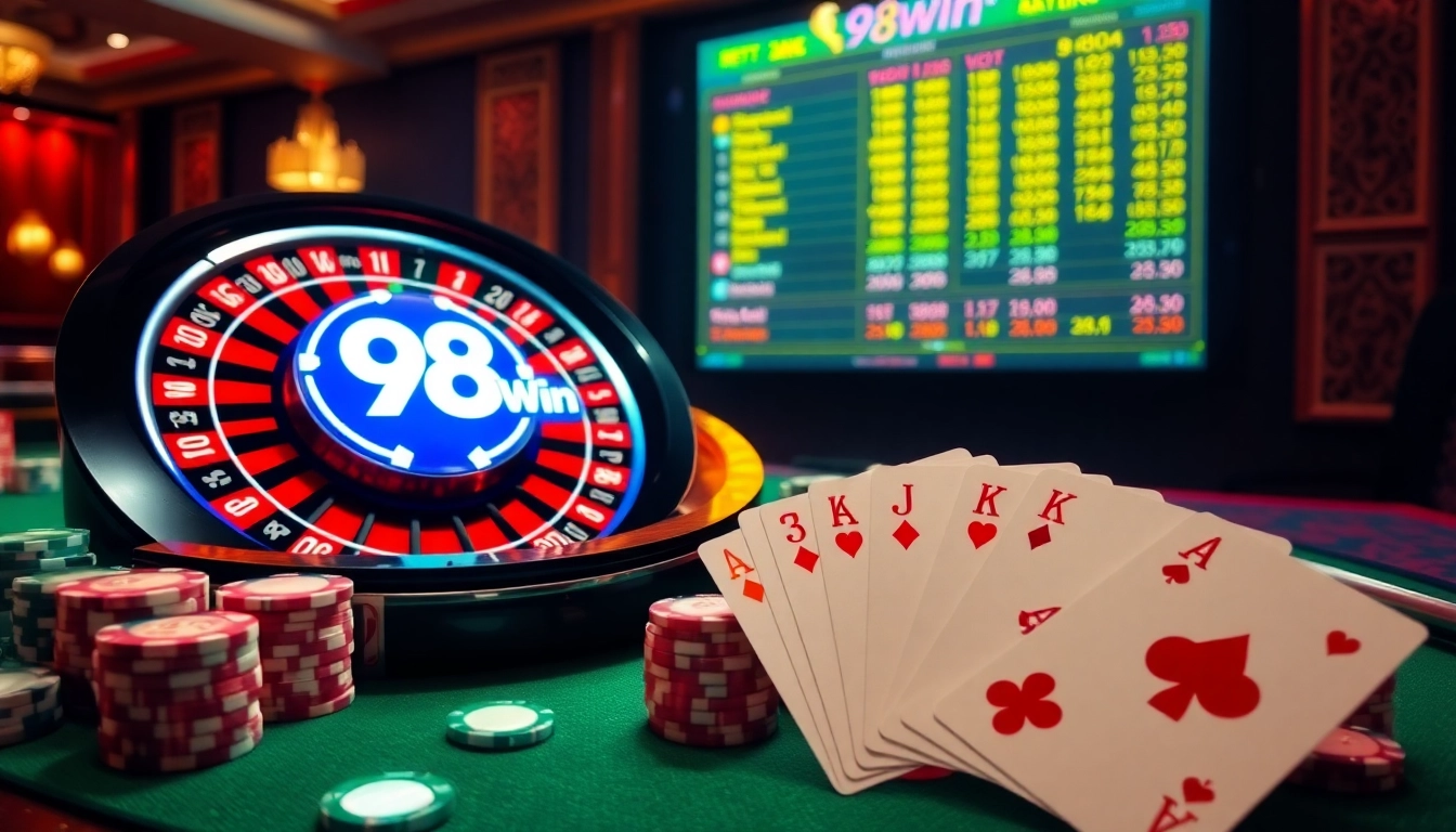Playing poker chips and a roulette wheel showcasing 98Win's exciting gaming experience.