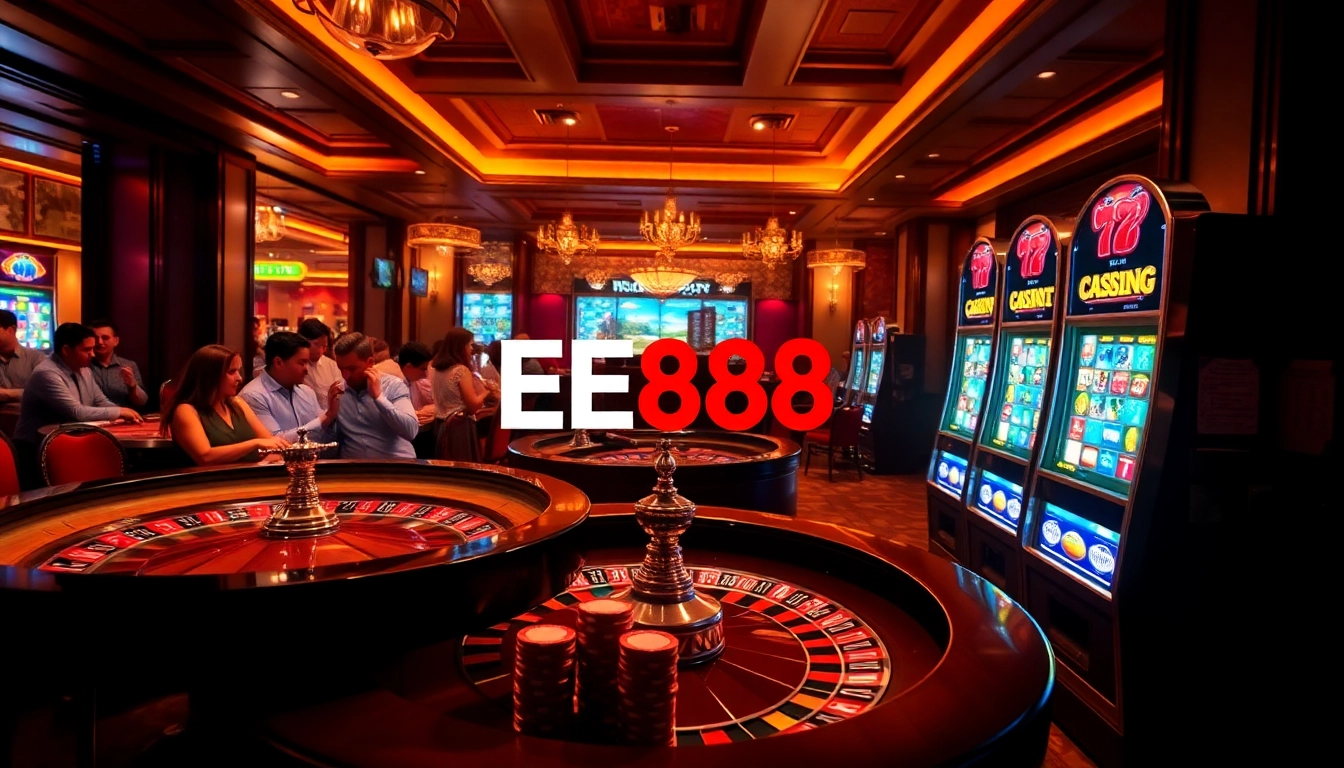 Exciting casino scene featuring EE88 with roulette, poker chips, and slot machines.