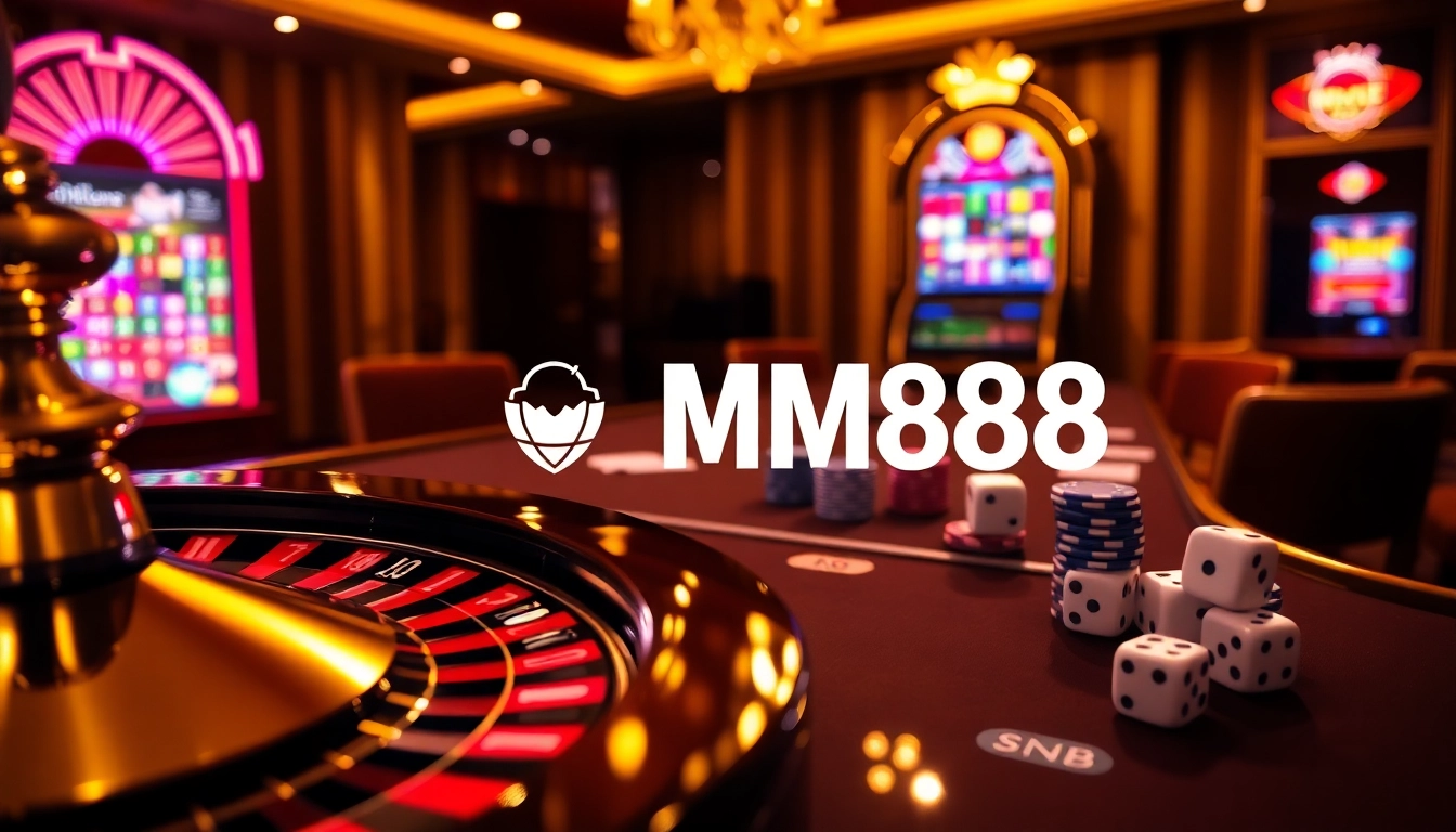 Engaging gamblers at the MM88 casino table, showcasing vibrant chips, cards, and a spinning roulette wheel.