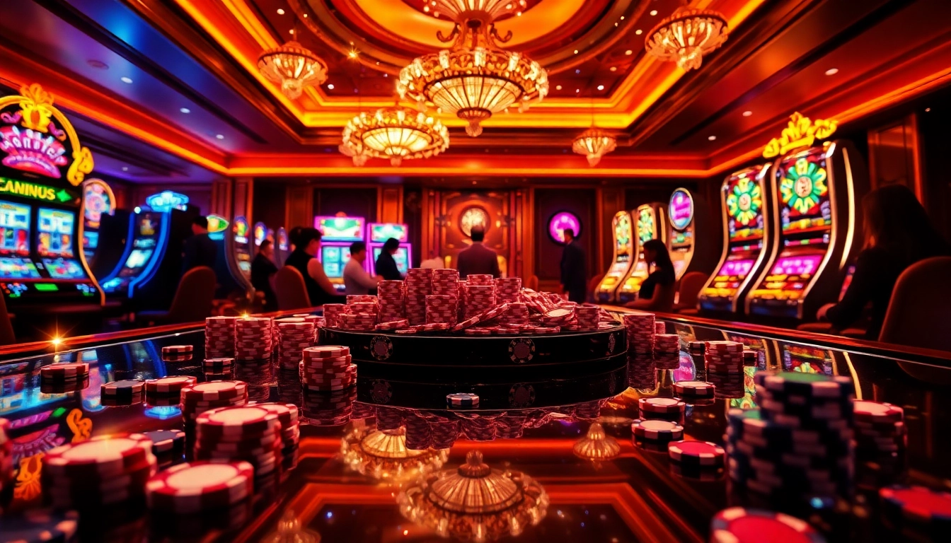An engaging casino gaming scene showcasing king88 kinh88 in action with vibrant poker chips and slot machines.