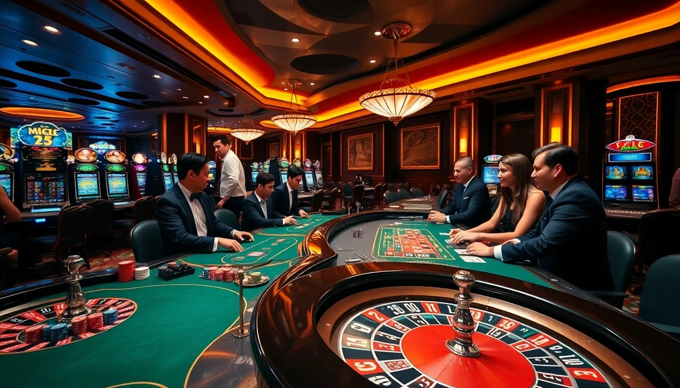 Players enjoy their winnings at MM88's luxurious casino tables, surrounded by vibrant slot machines.