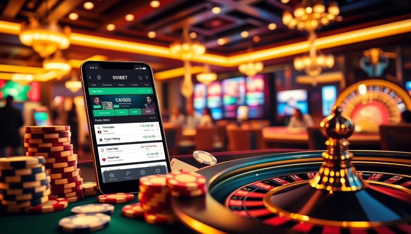 SOIBET platform showcasing live betting on a luxurious smartphone amidst vibrant casino elements.