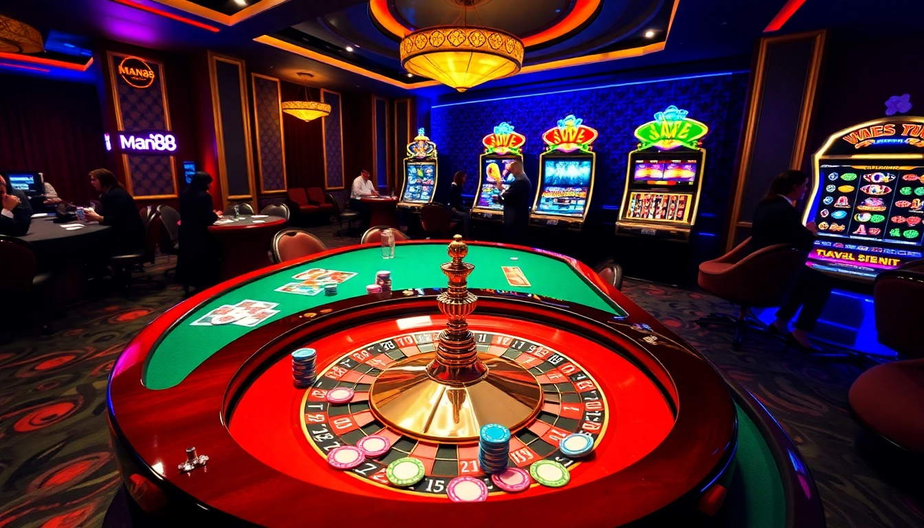 Players enjoying a thrilling game at Man88 casino, featuring vibrant tables and slot machines.