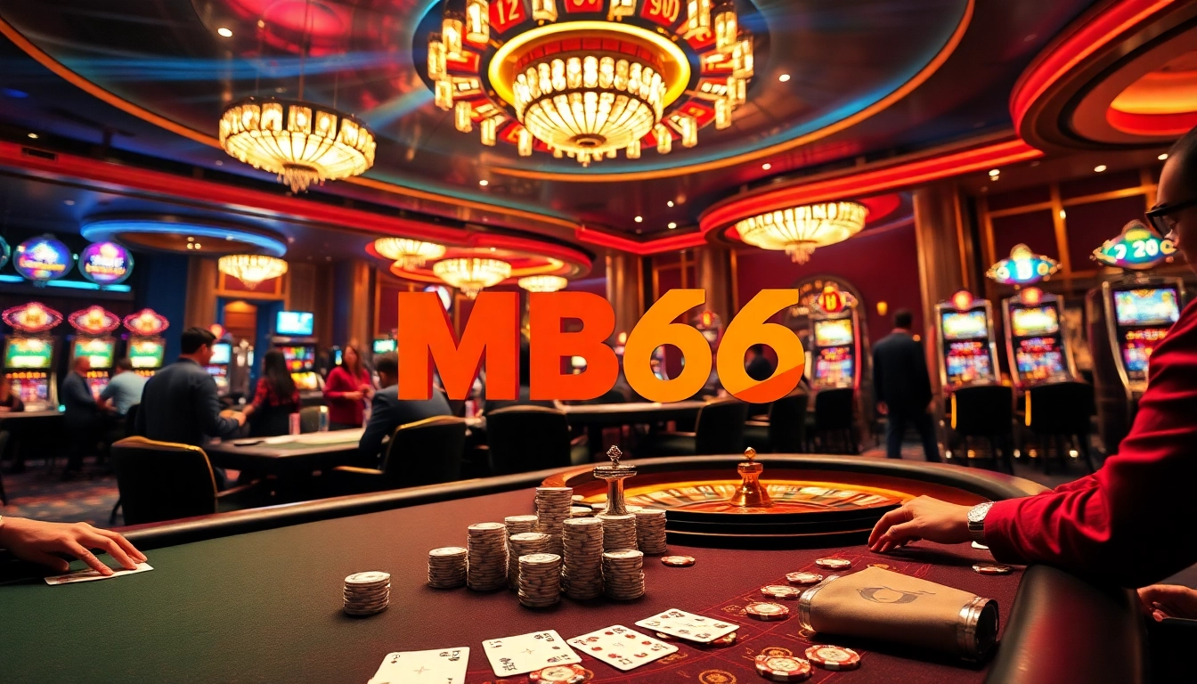 Players engaging in thrilling poker games at MB66 casino, showcasing vibrant chips and cards.