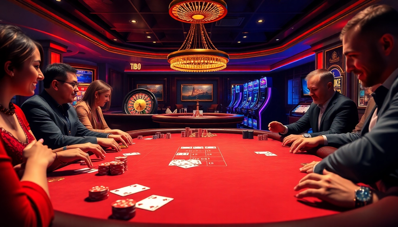 Excited players at a vibrant b52club us betting table in a luxurious casino setting.