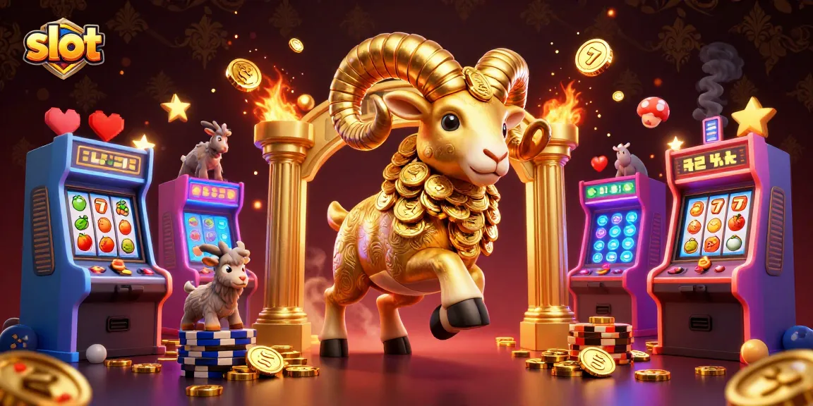 Engage in a thrilling slot game experience with a golden ram charging at jackpot reels in a vibrant casino.