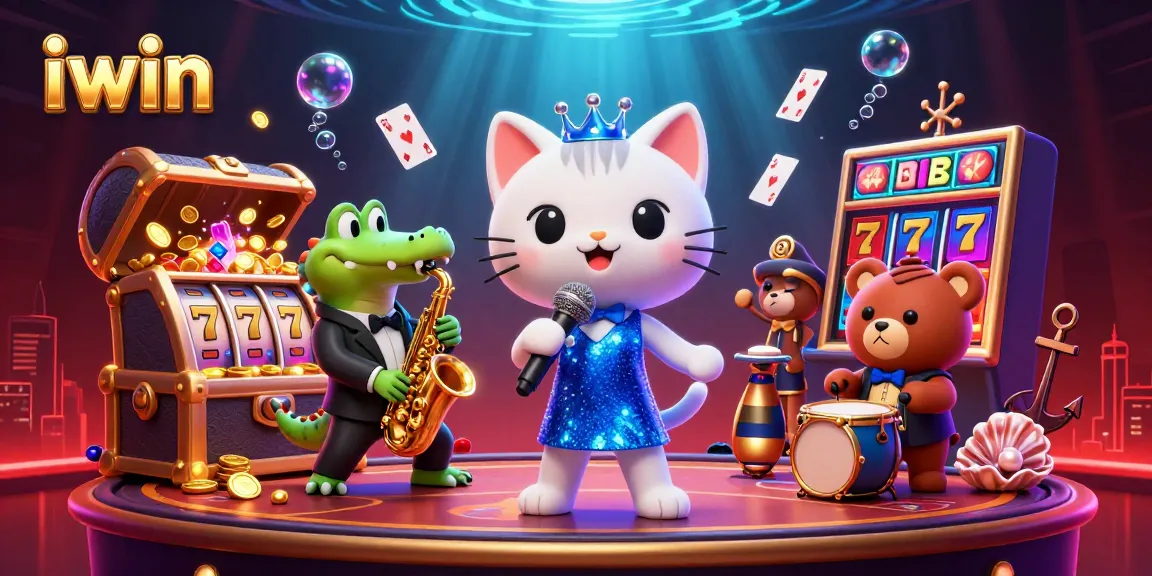 Join the iwin casino experience with vibrant characters and exciting slots in a magical underwater stage setting.